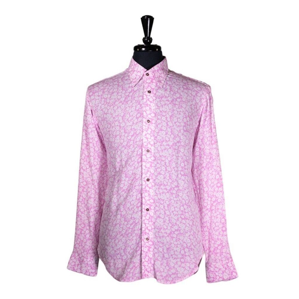 Mens Shirt Button Up Pink White Floral Linen Tropical Hawaiian Beach Medium